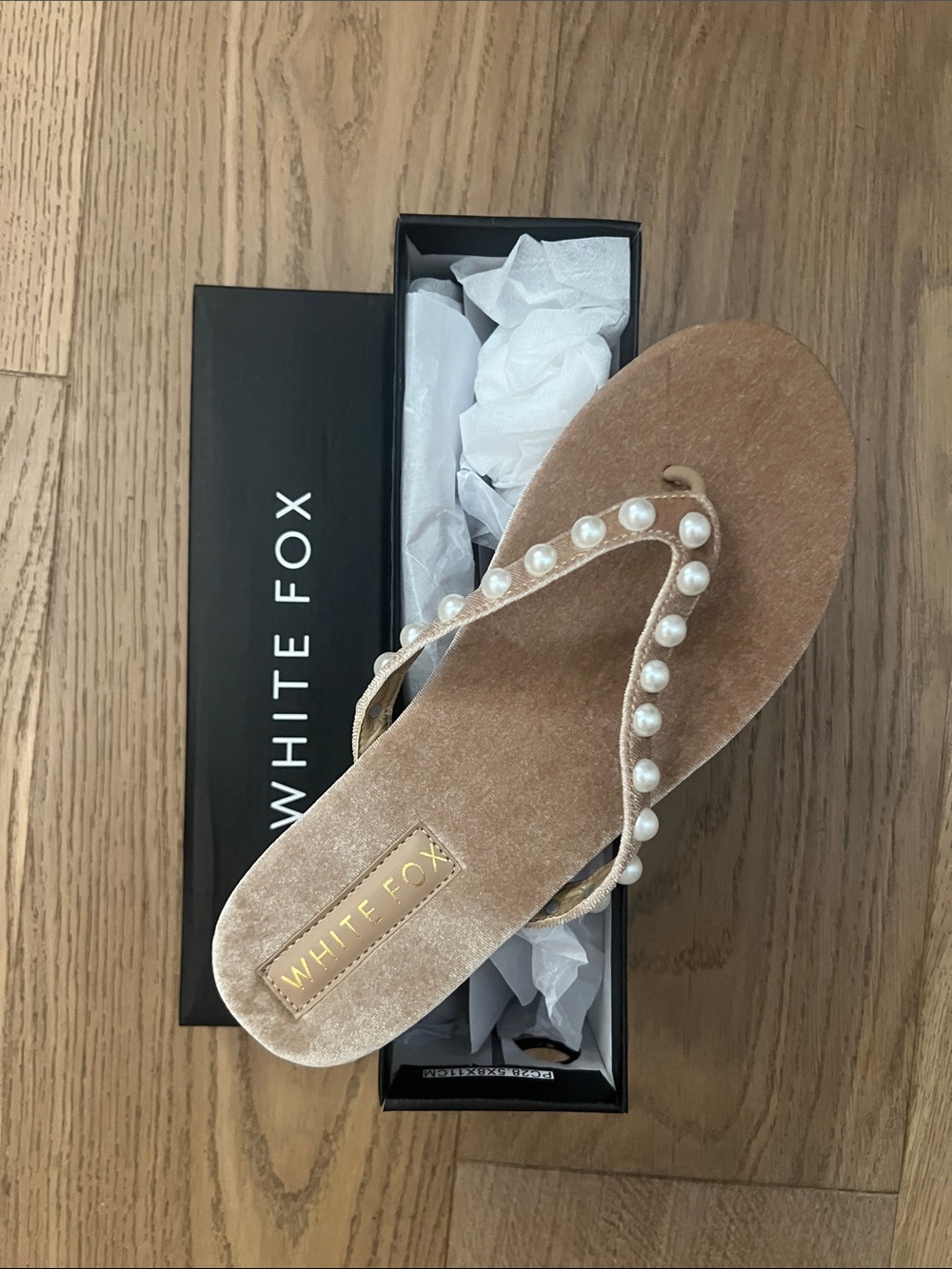 White Fox Boutique Tan Velvet Pearl-Trim Flip Flop Sandals